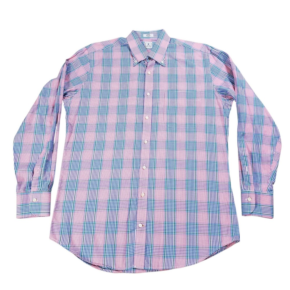 Peter Millar Shirt Men Medium Button Pink Blue Prince Wales Glen Check Prep Work